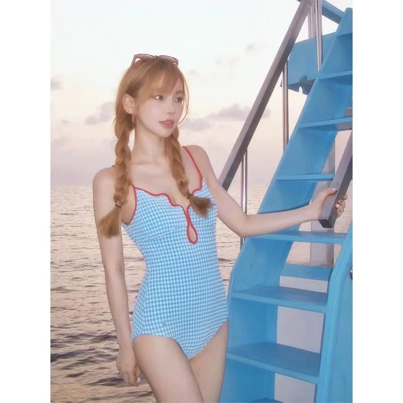 Women's Sexy Plaid One-Piece Swimsuit Open-Back Sweet Simple Swimwear