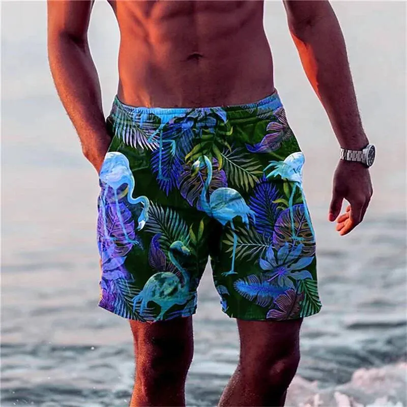 3D Flamingo Printed Men's Vacation Beach Shorts Retro Leaf Design Swim Trunks