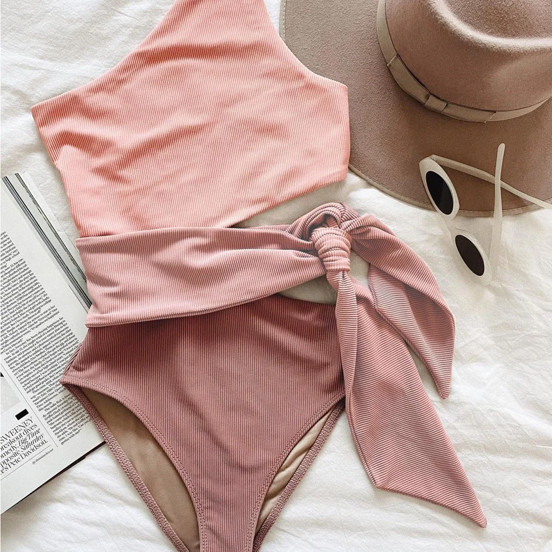 Women's Spliced One-Piece Swimsuit Solid Color Suspender Bikini One-Shoulder Belly-Baring Swimwear