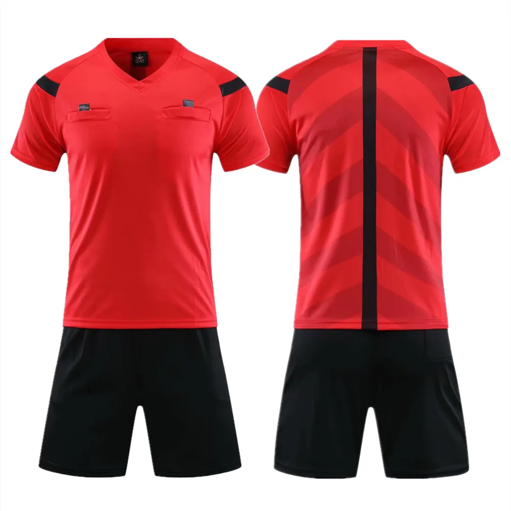 Professional Referee Soccer Jersey Set Adult V-Neck Uniform with Three Pockets Shorts for Match Judges