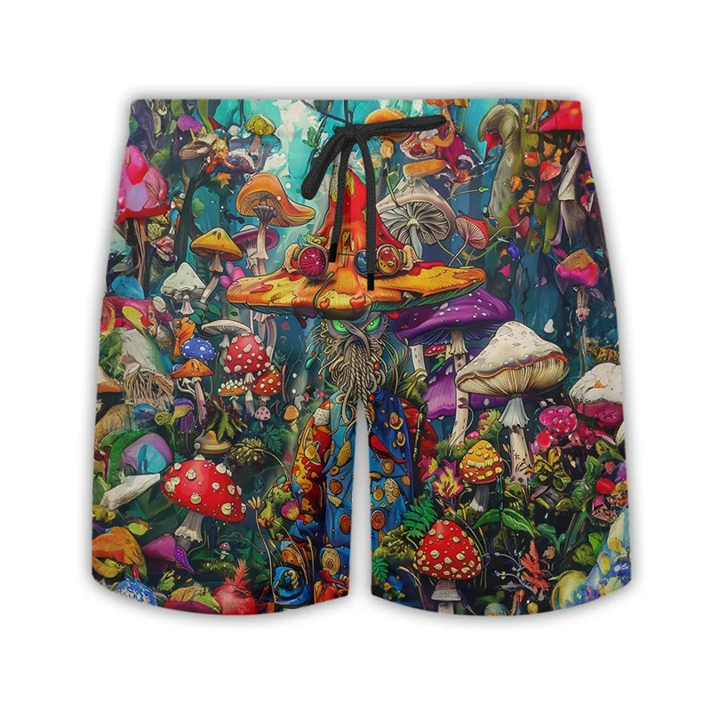 3D Printed Magic Mushroom Beach Shorts For Men Colorful Pattern Short Pants Casual Oversized Streetwear Swim Trunks