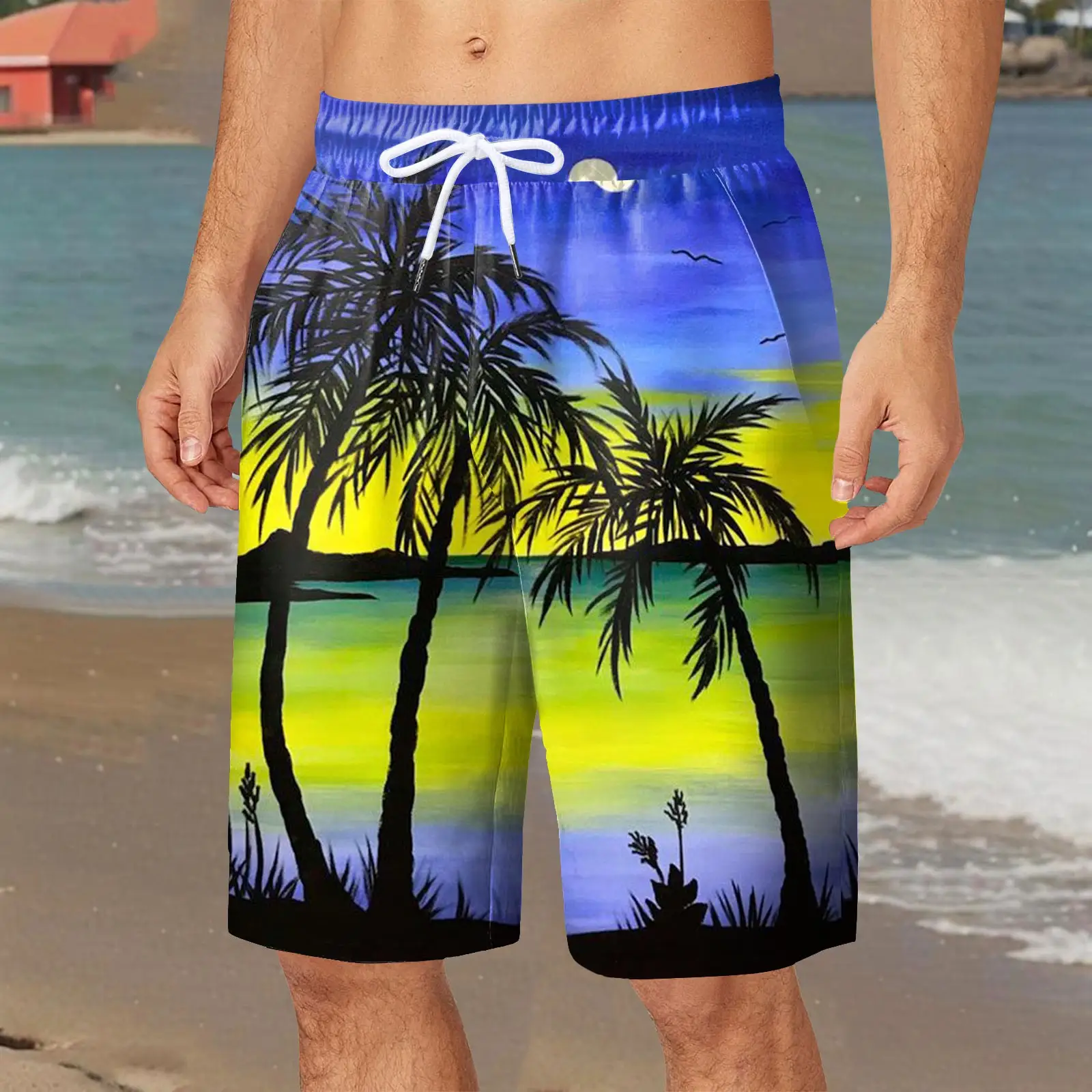 3D Coconut Tree Printed Men's Summer Swim Shorts Quick-Dry Beach Trunks Casual Fashion Wear