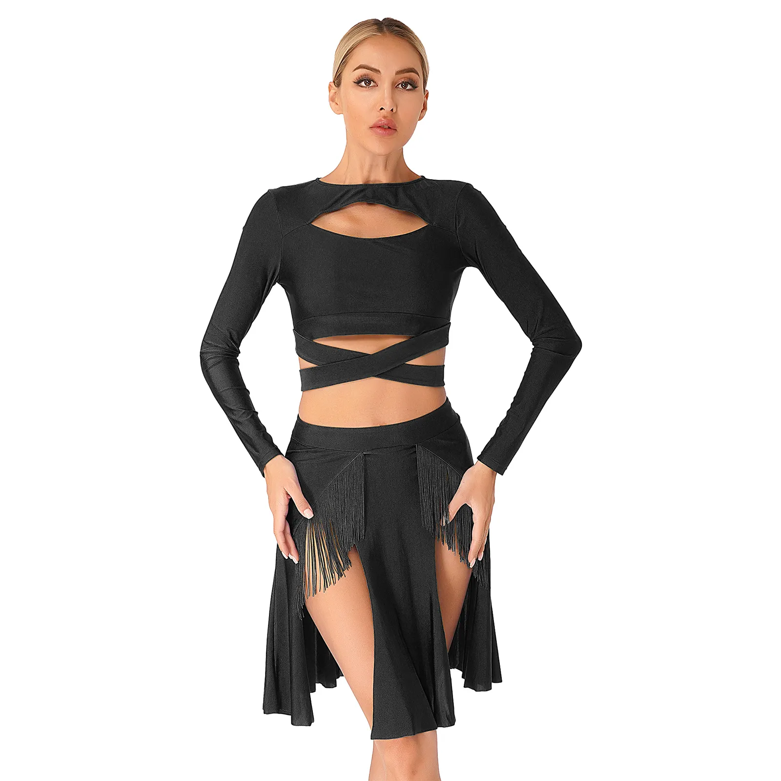 Women Outfit Long Sleeve Crop Top with Split Skirt Dancewear Figure Skating Latin Dance Stage Performance Costume