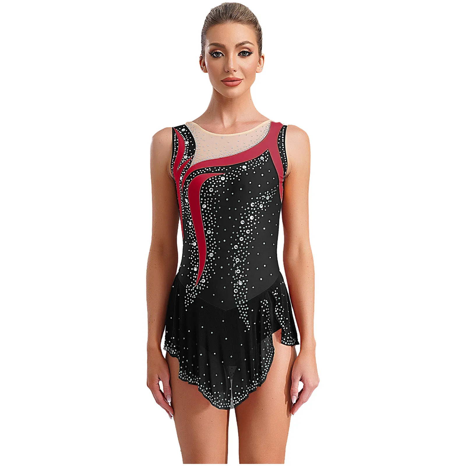 Women Sleeveless Figure Skating Dress Rhinestone Dance Slit Overlay Leotard