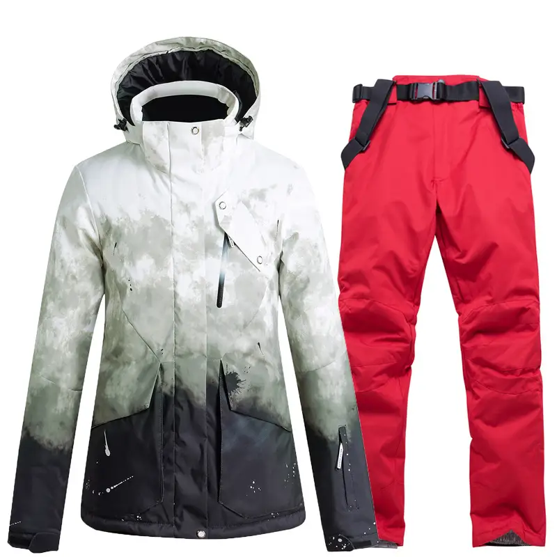 Women’s Waterproof Windproof Warm Snow Jacket with Hanging Pants Outdoor Skiing Clothing