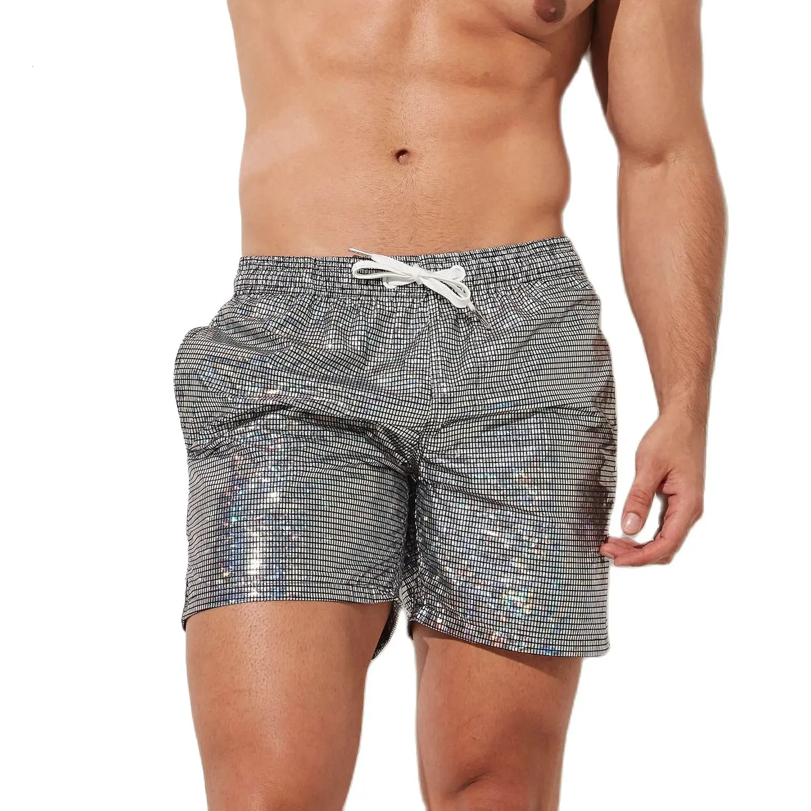 Men's Shiny Metallic Beach Shorts Swim Trunks With Pockets Vacation Swimwear Pants