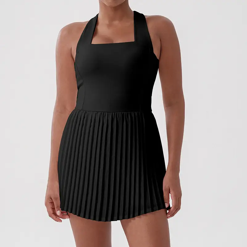 Women's Summer Tennis Dress Sleeveless Halter Sports Dress Athletic Pleated Active Skirt With Built-In Shorts & Bra