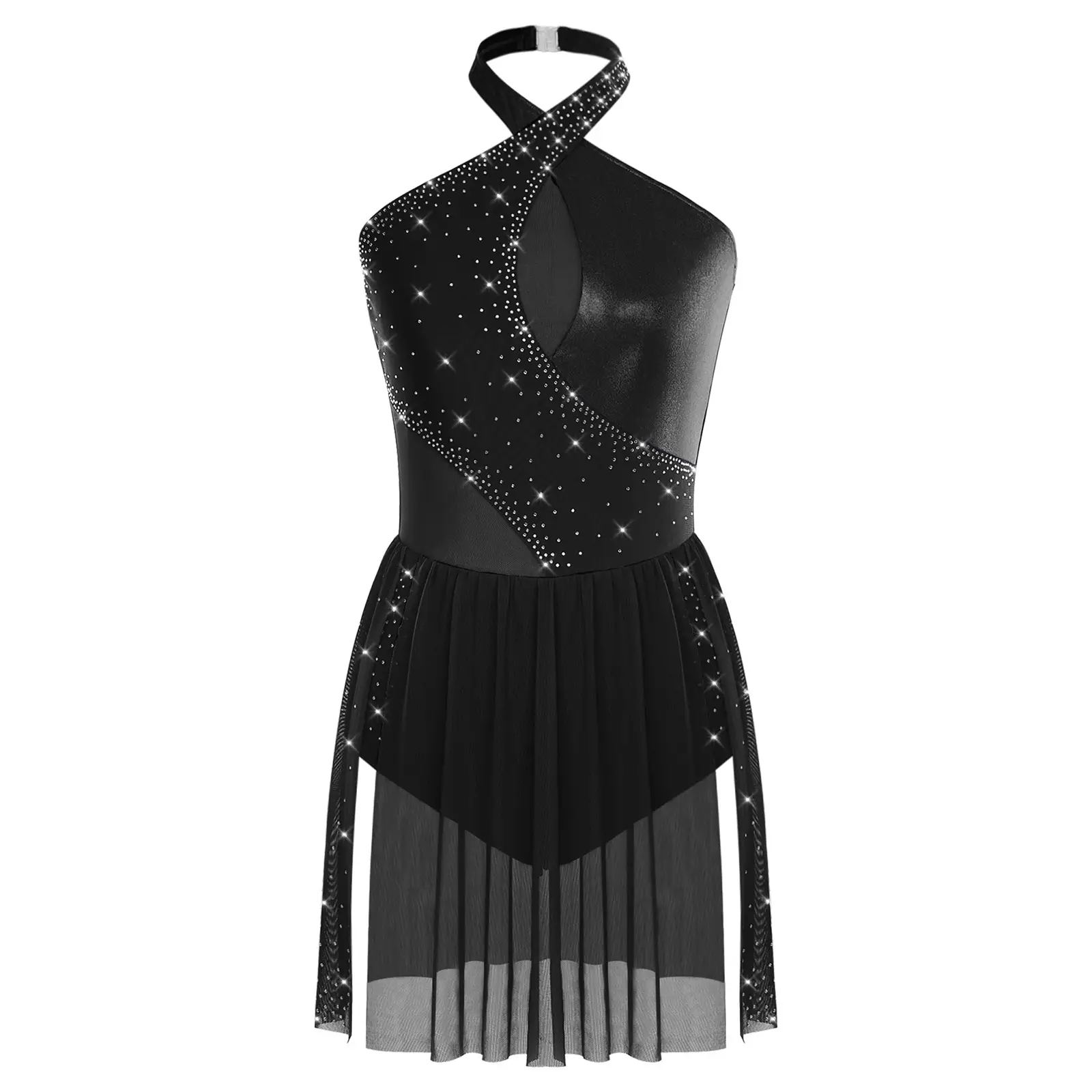 Rhinestone Ballroom Figure Skating Dress Women Sleeveless Mesh Splice Ballet Practice Costume Ice Skating Outfit