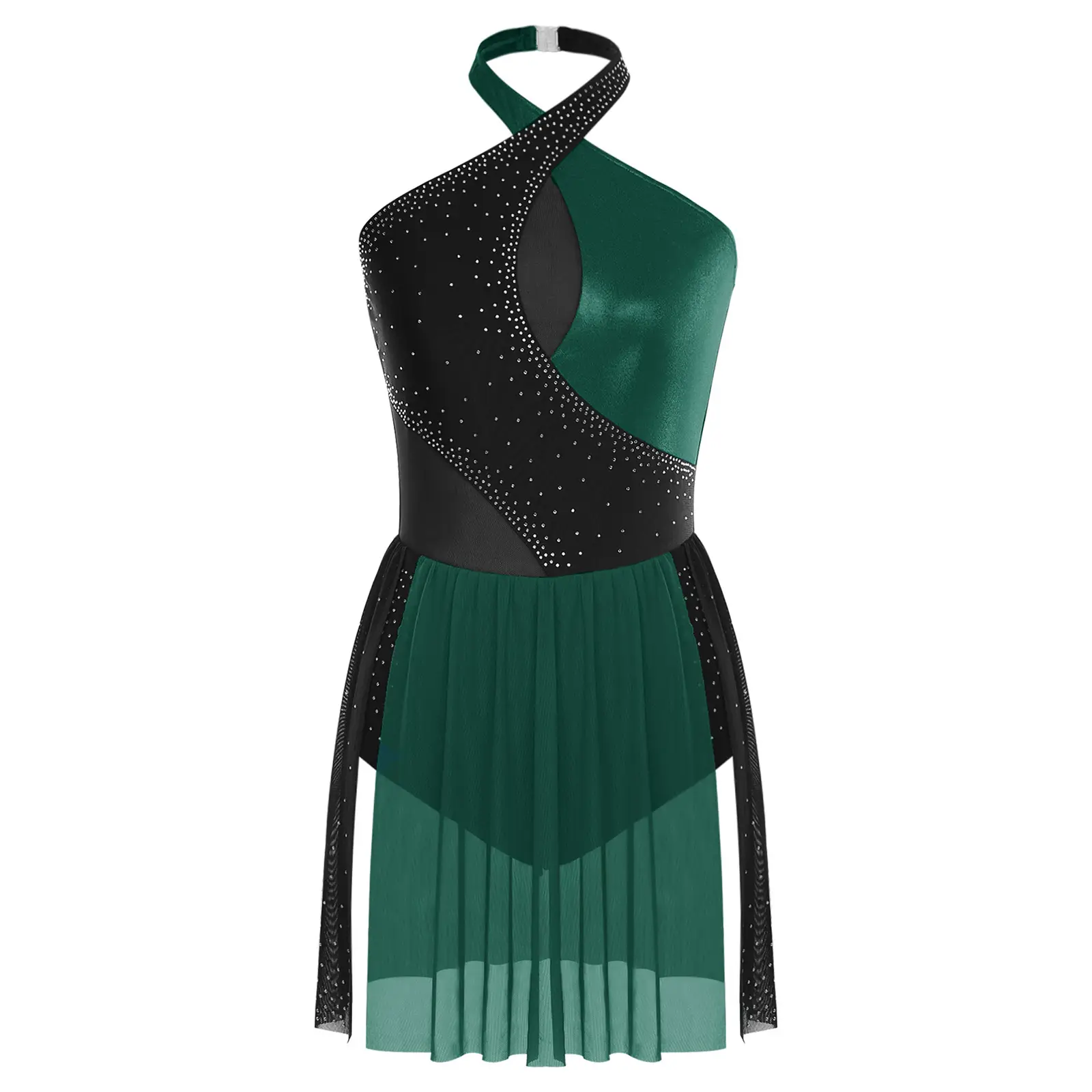 Rhinestones Ballroom Figure Skating Dress Women Sleeveless Mesh Splice Ballet Clothes Practice Costume Ice Skating Clothes