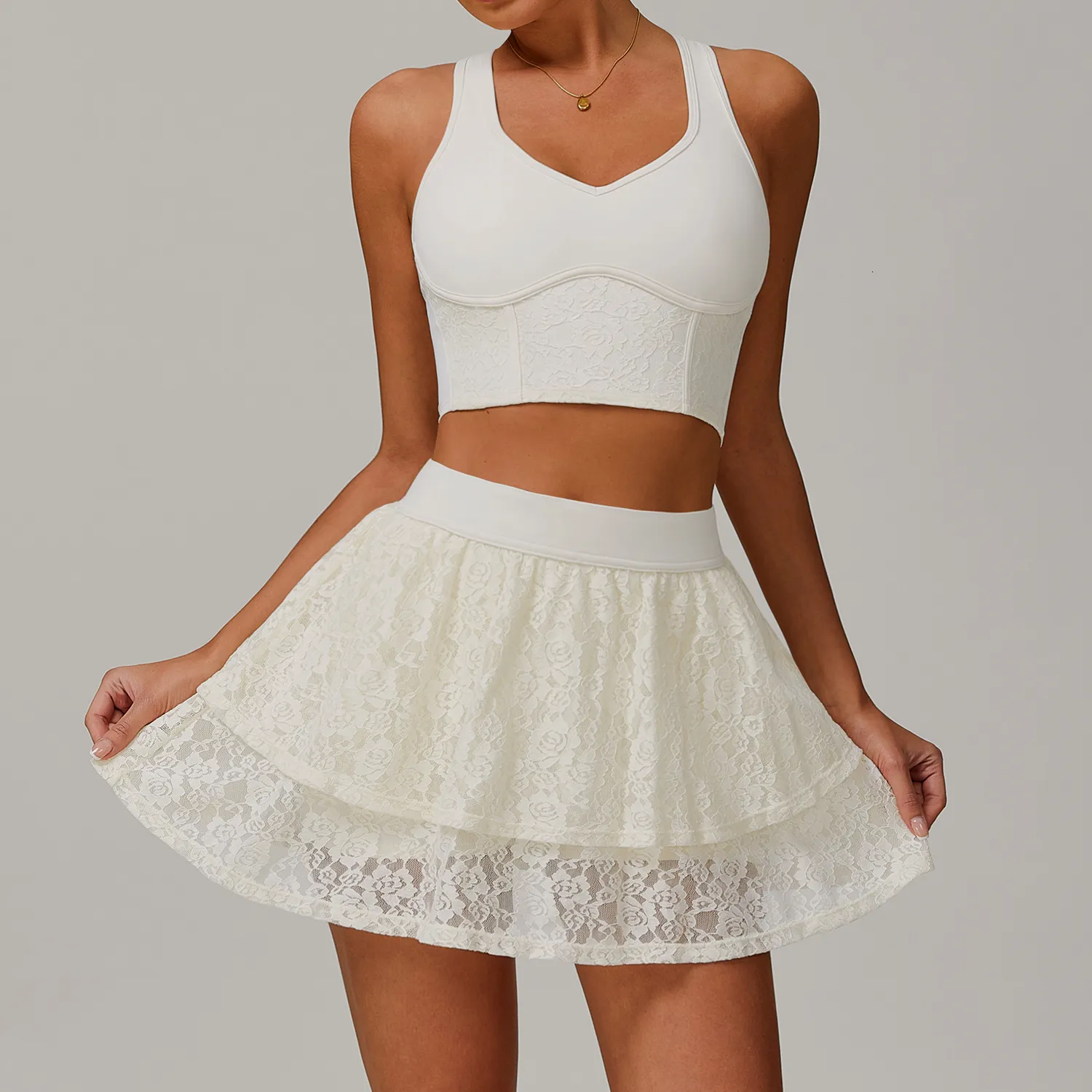 Women Sport Outfit Lace Naked Yoga Mesh Running Breathable Anti-Light Tennis Skirt Set