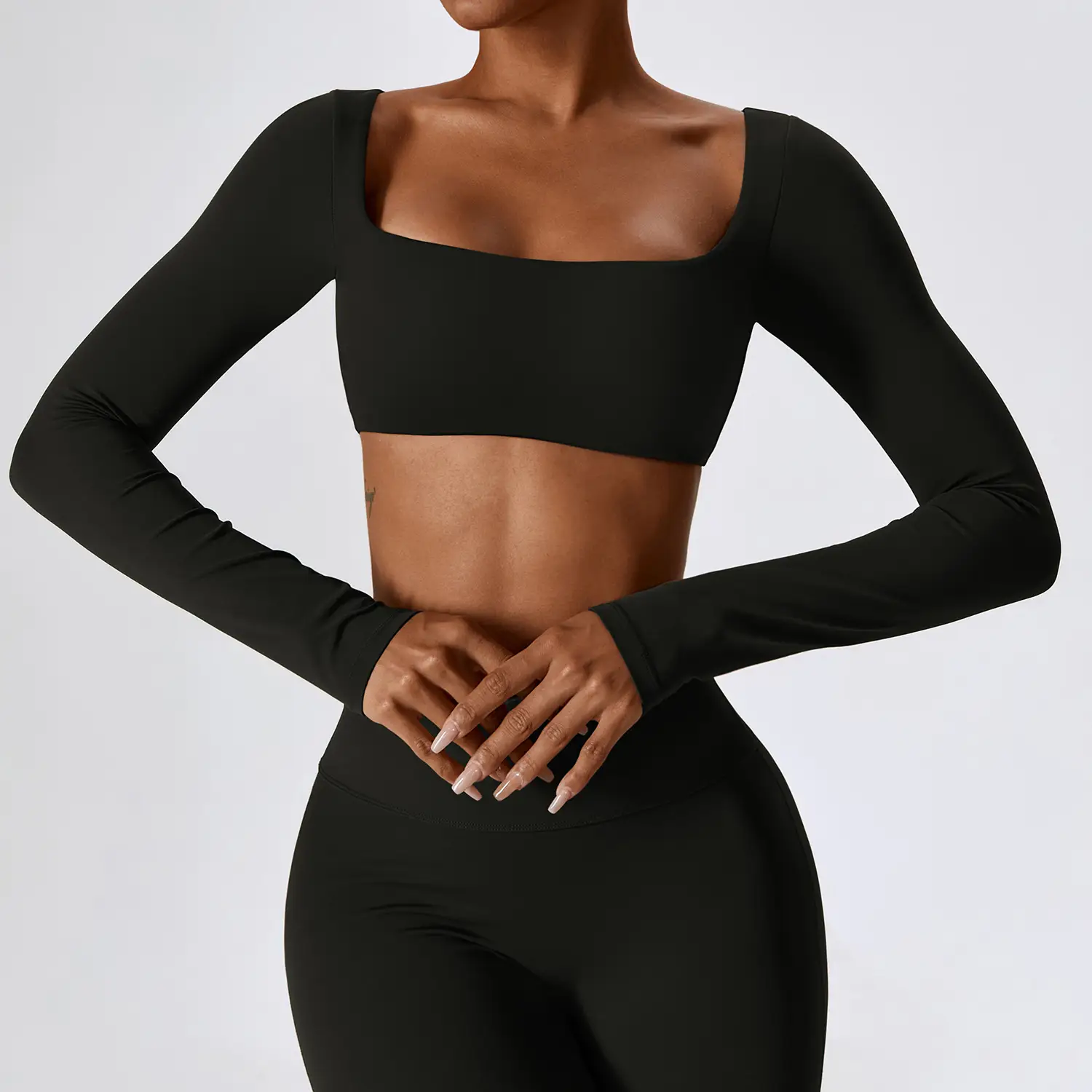 Women's Solid Color Cropped Sports T-Shirt Long Sleeve Running Top Quick Dry Sexy Navel Fitness Wear