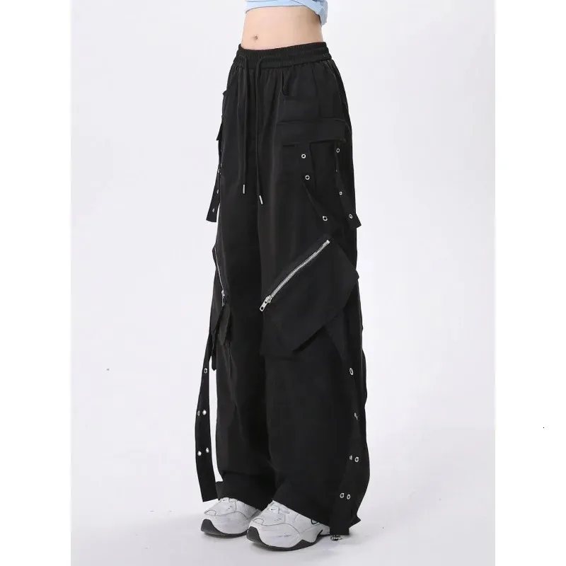 Trend Zipper Large Pocket Elastic Waist Pants for Women Street Hip Hop Casual Versatile Wide Leg Trousers