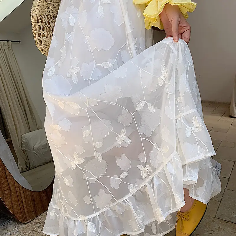 Lace Embroidered Floral High Waist Slim A-Line Layered Maxi Skirt