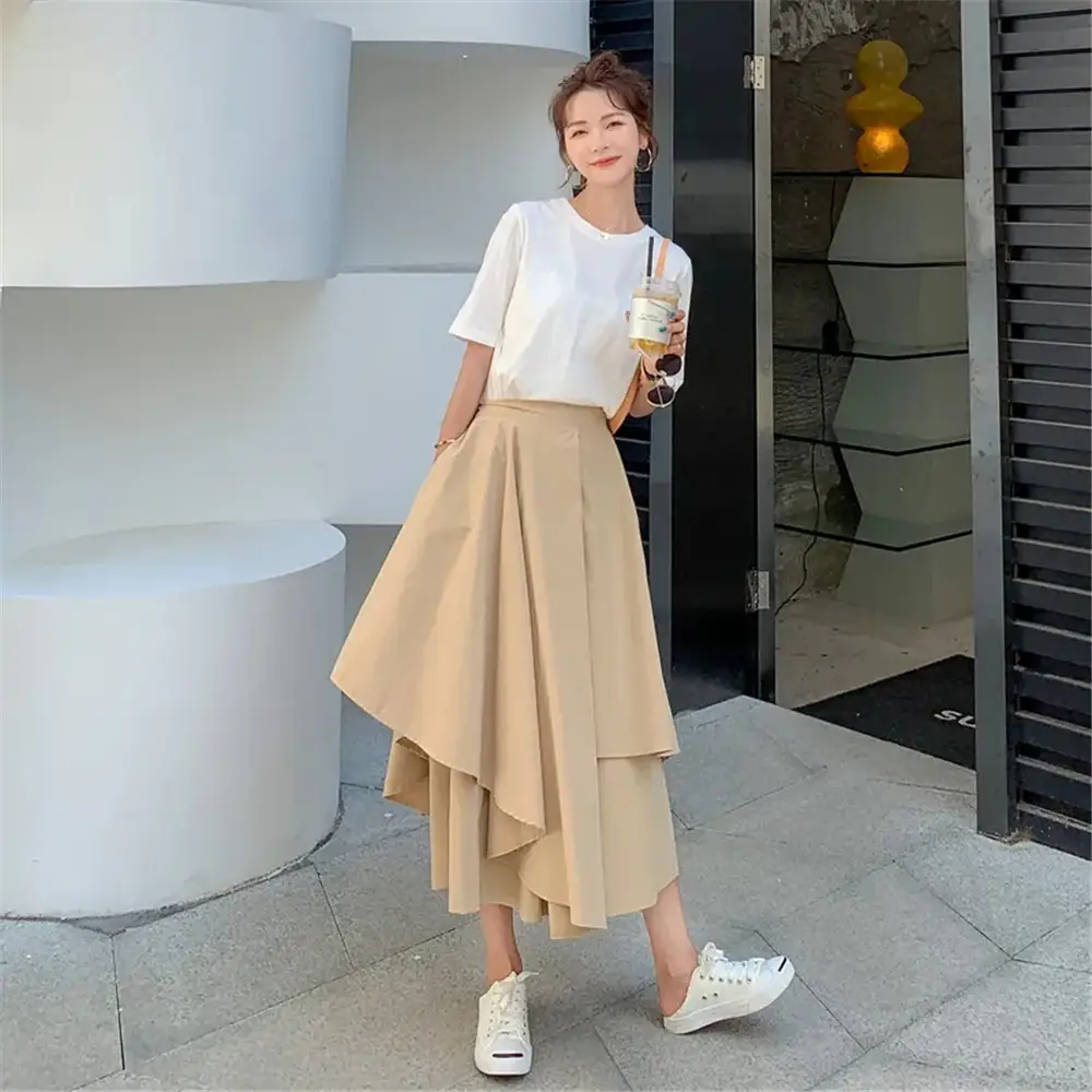 Solid Color Skirt With Asymmetrical Design, High W...