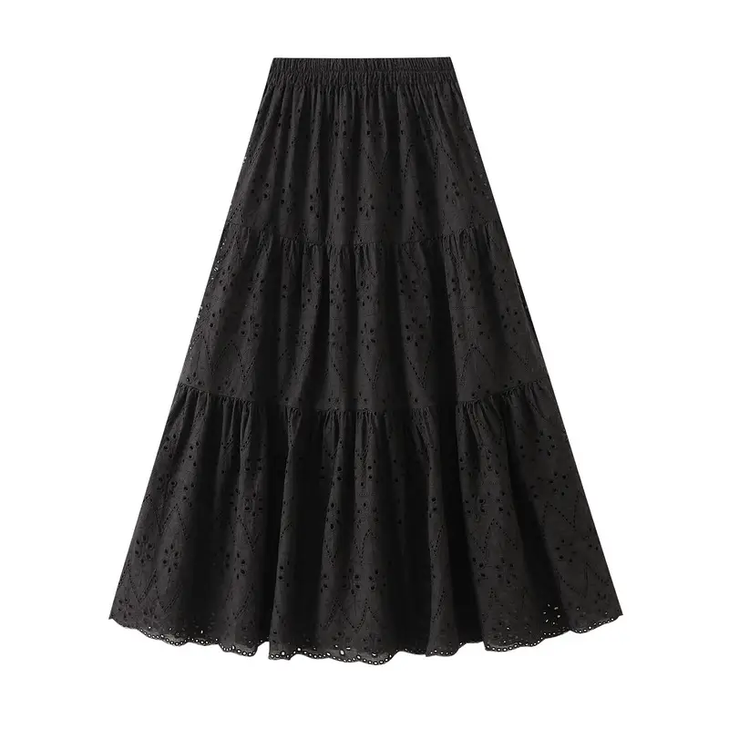 Gentle Style Hollow Maxi Skirt A-Line Skirt Pleated Skirt