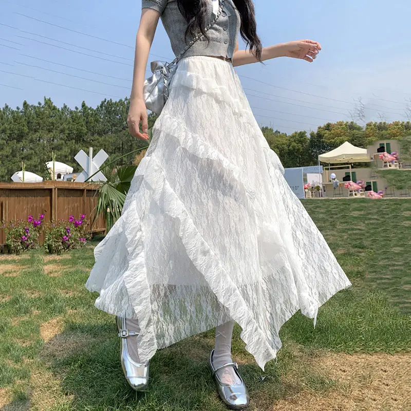 White Lace Irregular Long Skirt For Women Retro Ru...