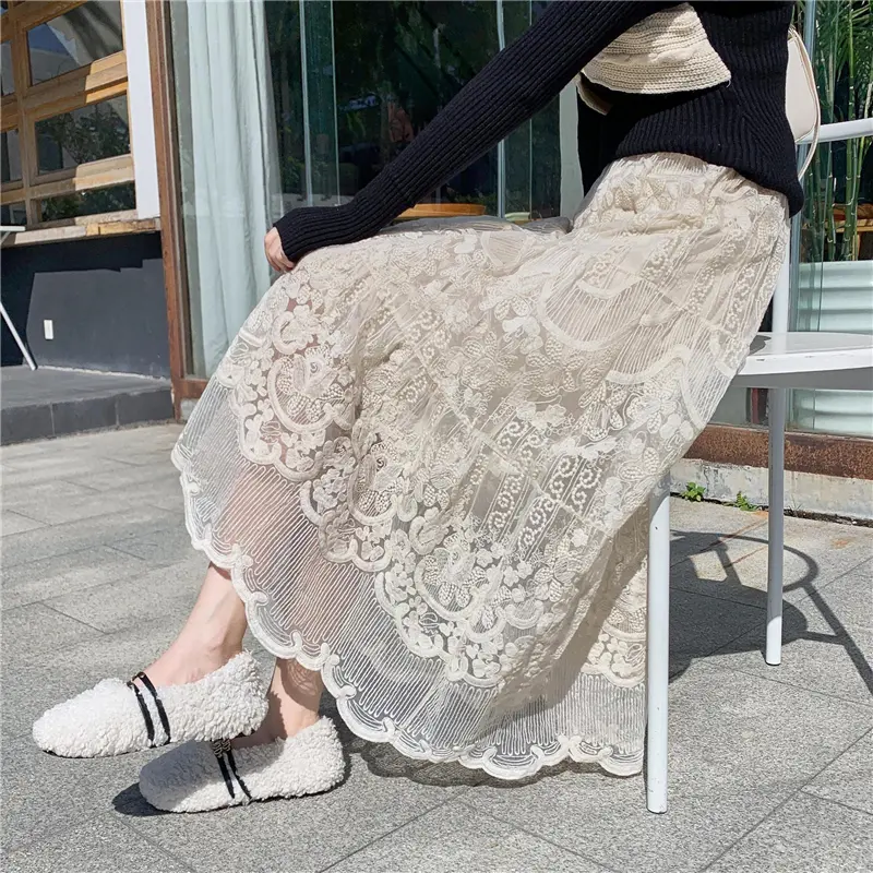 Embroidered Flower Lace Skirt Women's High Waist M...