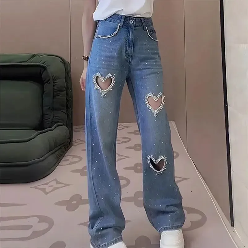 Love Perforated Fashion Jeans For Women Summer Diamond Encrusted Beaded Hollowed Out Straight Wide Leg Trousers Female