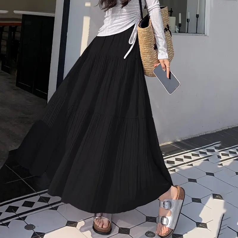 Sweet Pleated Long Skirt For Women High Waist Chiffon Skirt Elegant Solid Color A-Line Skirt