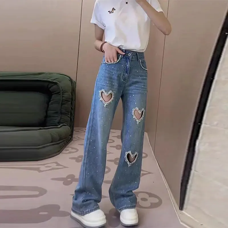 Love Perforated Fashion Jeans For Women Summer Dia...