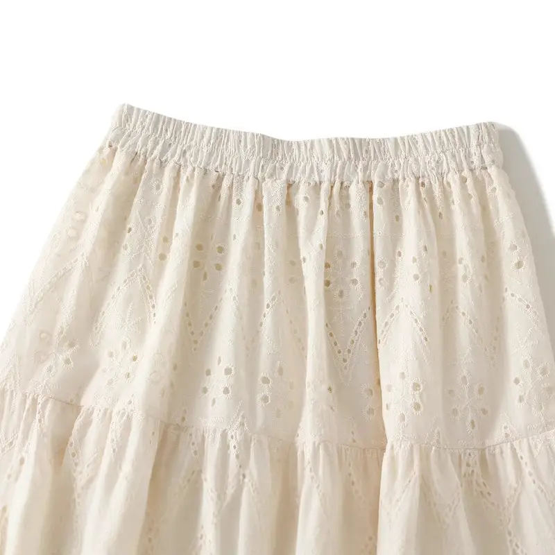 Gentle Style Hollow Maxi Skirt A-Line Skirt Pleated Skirt