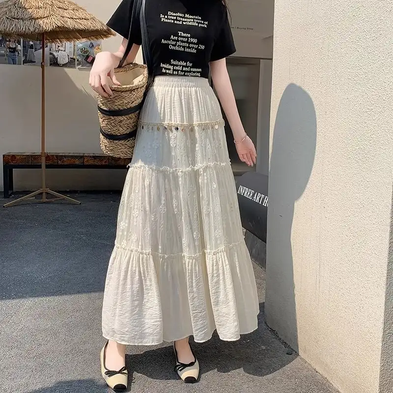 Apricot Lace Bohemian Style Tiered Maxi Skirt