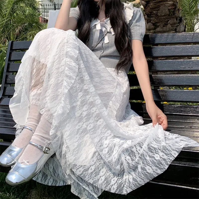 White Lace Irregular Long Skirt For Women Retro Ruffled Splicing A-Line Skirt For Women