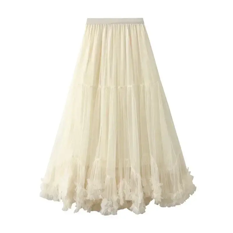 Women's Layered Chiffon Cake Solid Color Mesh Skirt Elegant Elastic Waist Fairy Long Lace A-Line Skirt