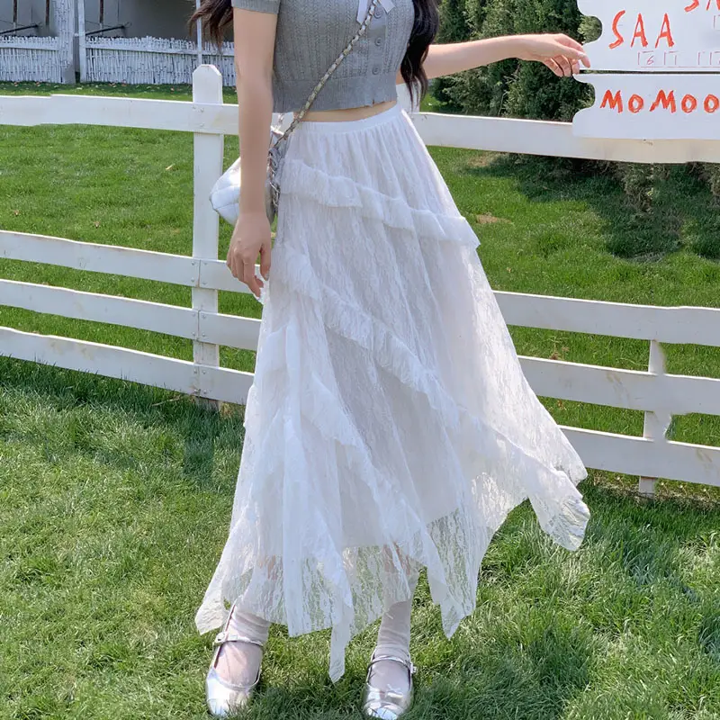 White Lace Irregular Long Skirt For Women Retro Ruffled Splicing A-Line Skirt For Women