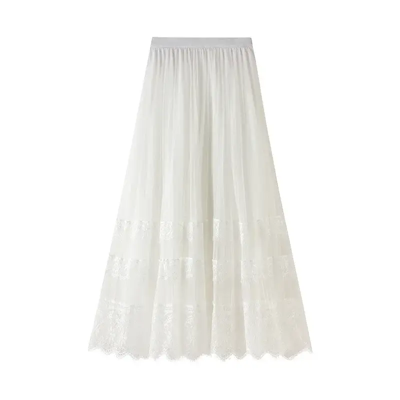 Women's Chiffon Midi Skirt Fashionable Lace Hollow Long Skirt Lined With Mesh Skirt
