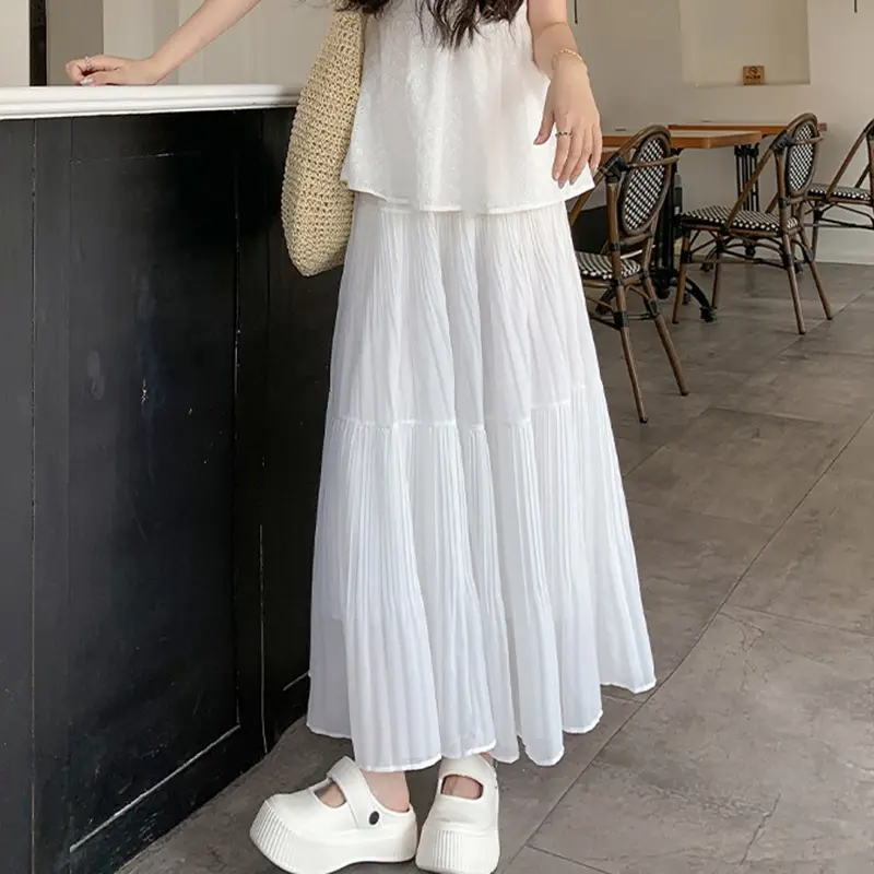 Sweet Pleated Long Skirt For Women High Waist Chiffon Skirt Elegant Solid Color A-Line Skirt