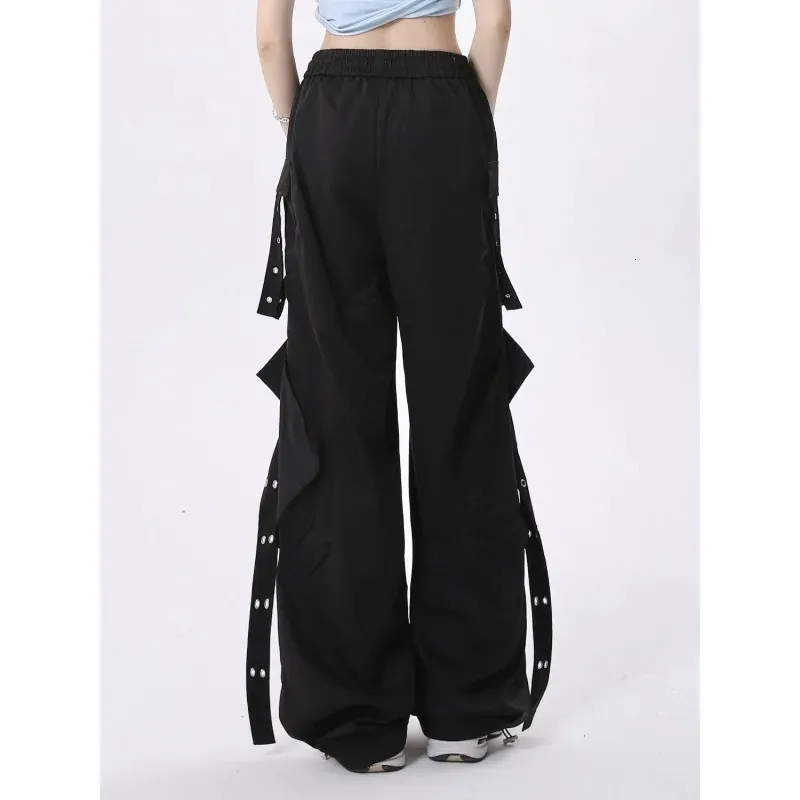 Trend Zipper Large Pocket Elastic Waist Pants for Women Street Hip Hop Casual Versatile Wide Leg Trousers