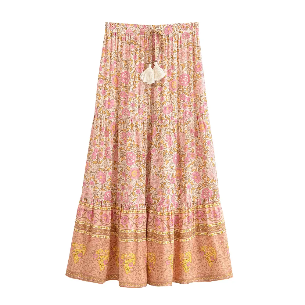 Vintage Women's Floral Peacock Print High Elastic Waist Beach Bohemian Skirt
