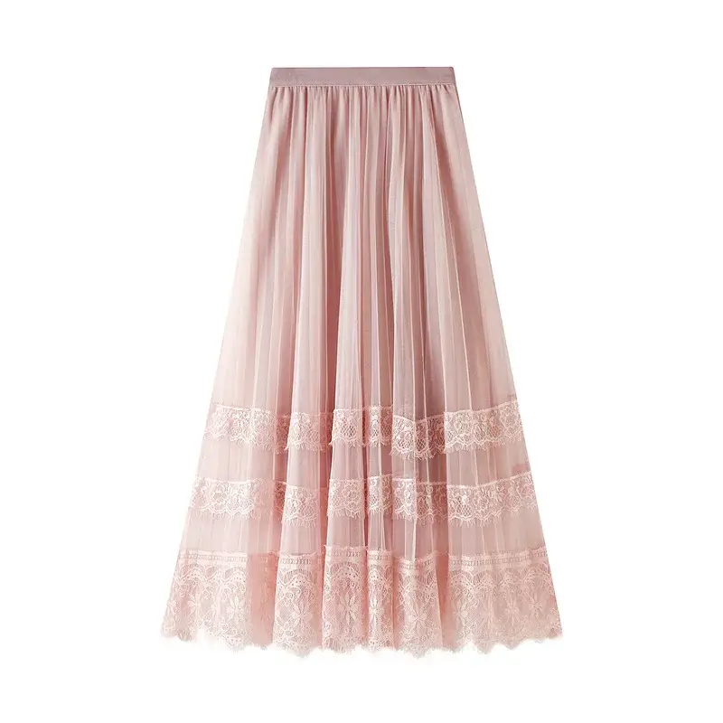Women's Chiffon Midi Skirt Fashionable Lace Hollow Long Skirt Lined With Mesh Skirt