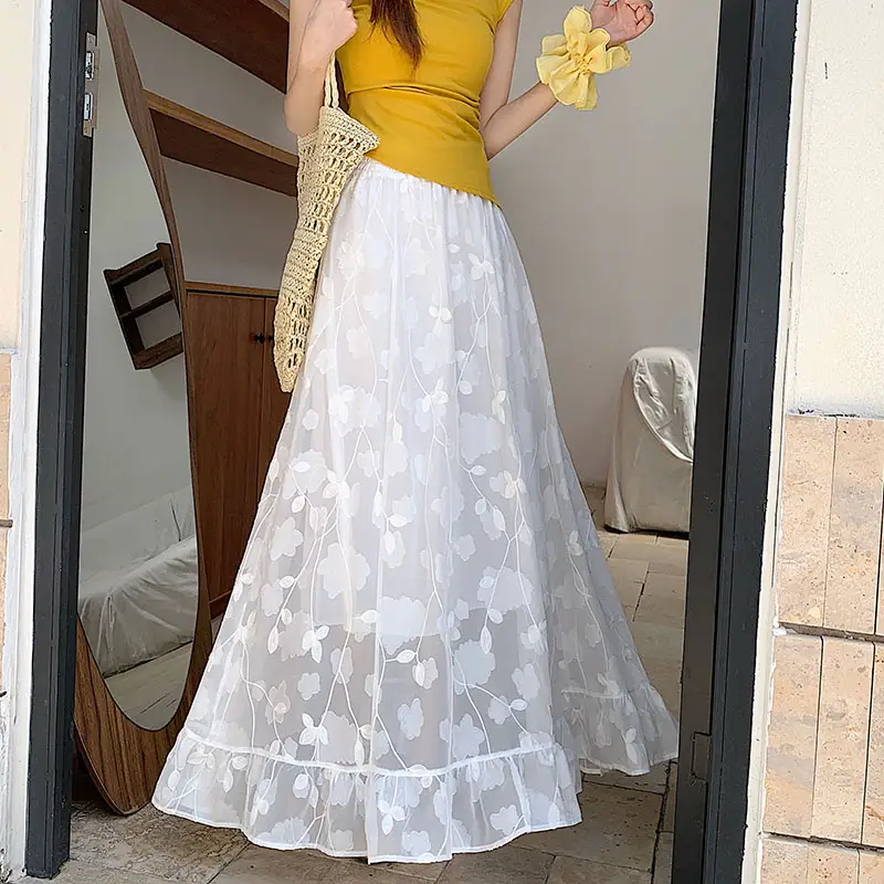 Lace Embroidered Floral High Waist Slim A-Line Layered Maxi Skirt