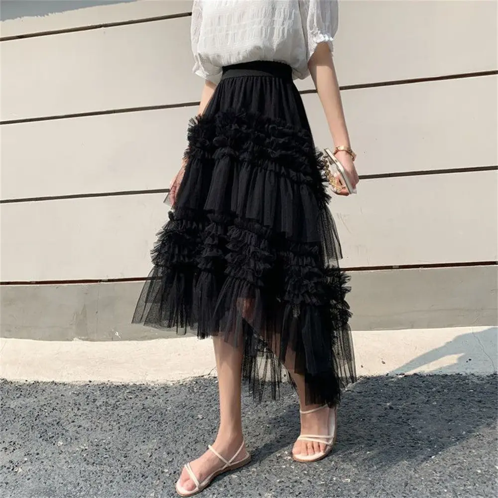 Lace Ruffled Mesh Skirt Sweet Ladies Ball Gown Tulle Skirt