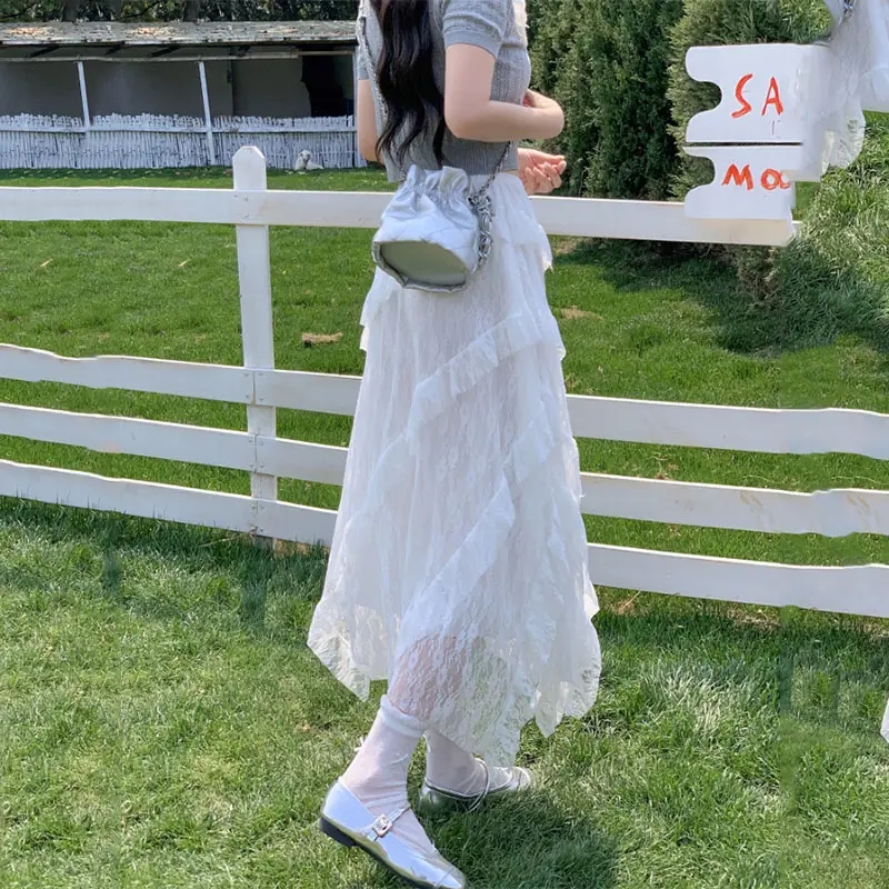White Lace Irregular Long Skirt For Women Retro Ruffled Splicing A-Line Skirt For Women