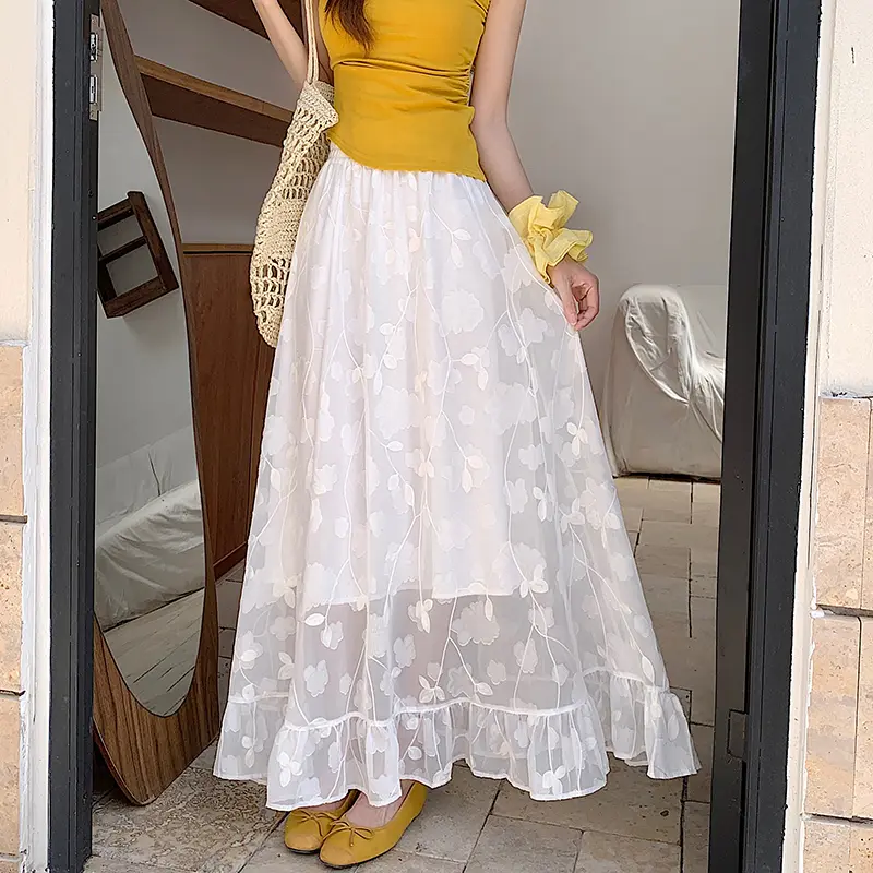 Lace Embroidered Floral High Waist Slim A-Line Layered Maxi Skirt