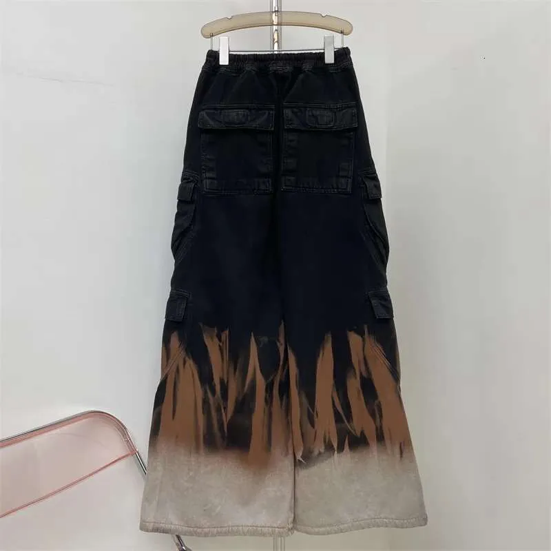 Jeans Flame Dyed Multi Pocket Cargo Women's Style Loose Wide Leg Pants