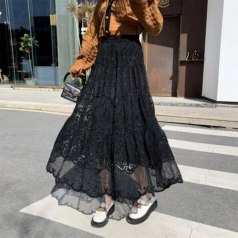 Embroidered Flower Lace Skirt Women's High Waist Maxi Skirt Retro Pleated Tulle Skirt