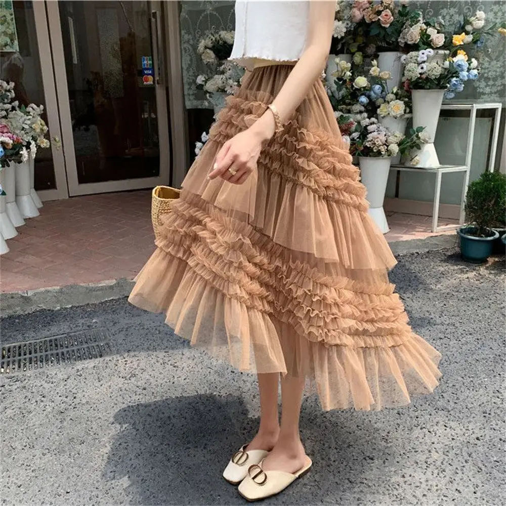 Lace Ruffled Mesh Skirt Sweet Ladies Ball Gown Tul...