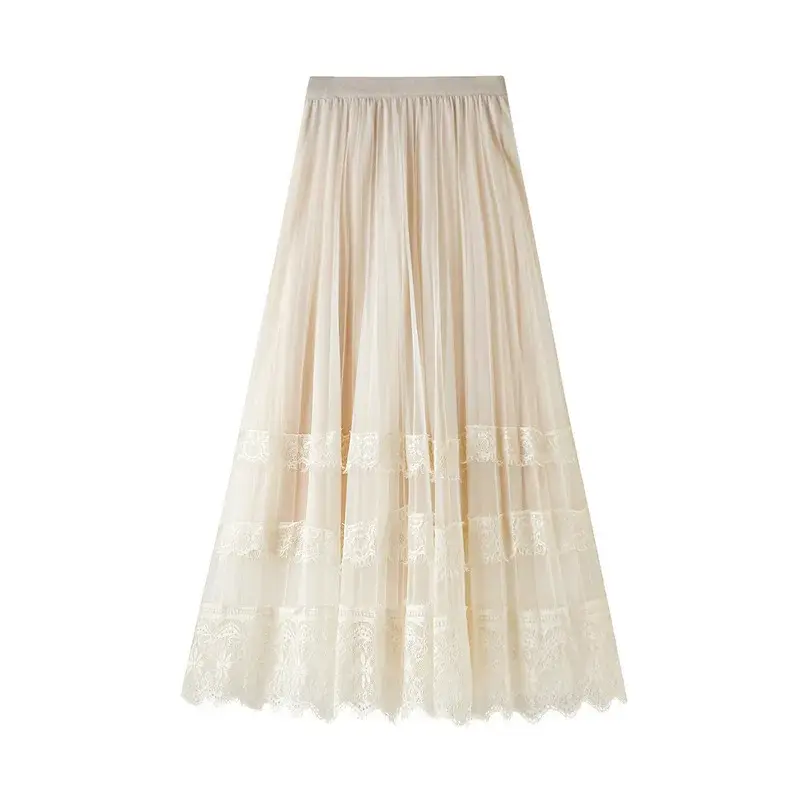 Women's Chiffon Midi Skirt Fashionable Lace Hollow Long Skirt Lined With Mesh Skirt
