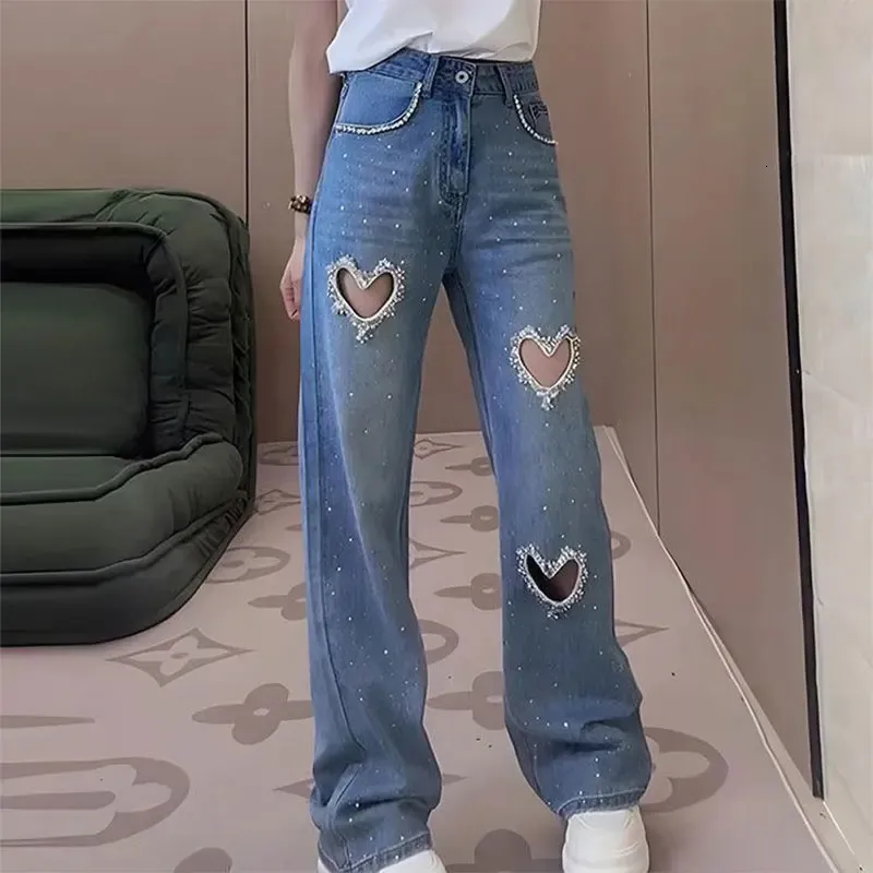Love Perforated Fashion Jeans For Women Summer Diamond Encrusted Beaded Hollowed Out Straight Wide Leg Trousers Female