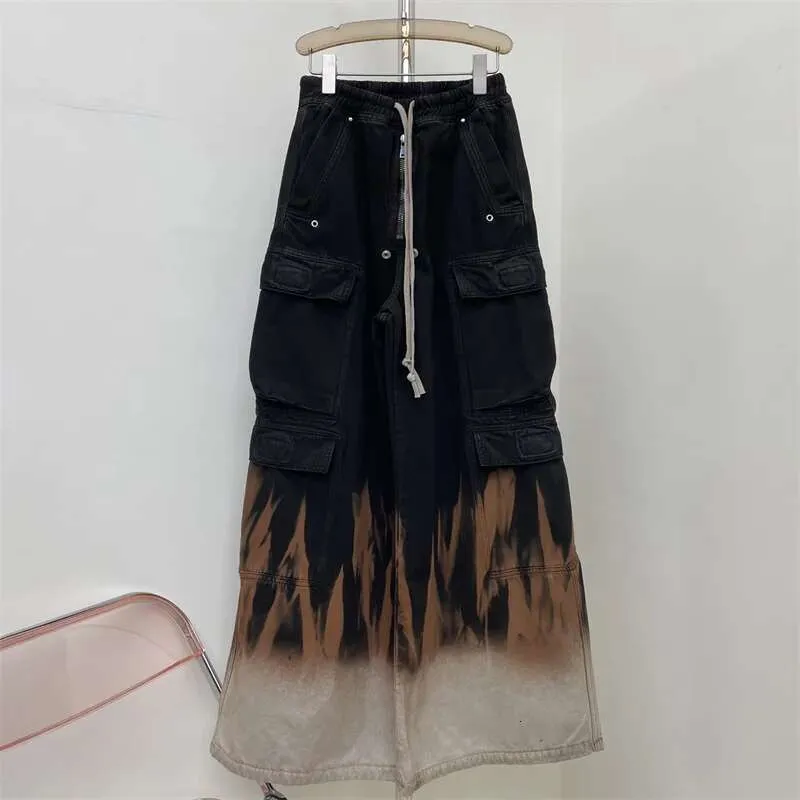 Jeans Flame Dyed Multi Pocket Cargo Women's Style Loose Wide Leg Pants