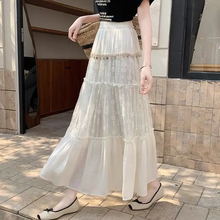 Apricot Lace Bohemian Style Tiered Maxi Skirt