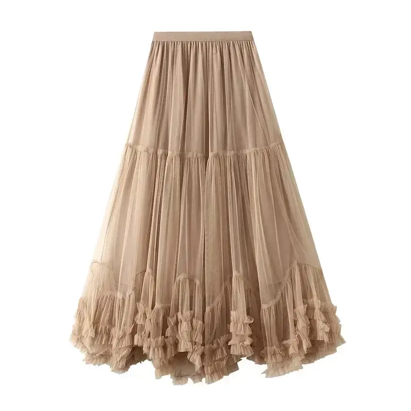 Women's Layered Chiffon Cake Solid Color Mesh Skirt Elegant Elastic Waist Fairy Long Lace A-Line Skirt