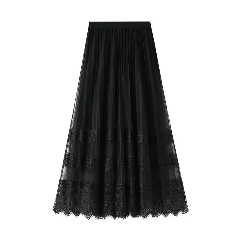 Women's Chiffon Midi Skirt Fashionable Lace Hollow Long Skirt Lined With Mesh Skirt
