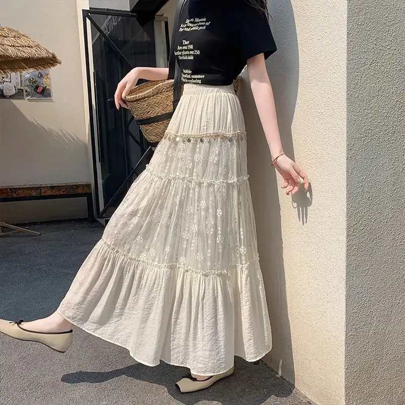 Apricot Lace Bohemian Style Tiered Maxi Skirt