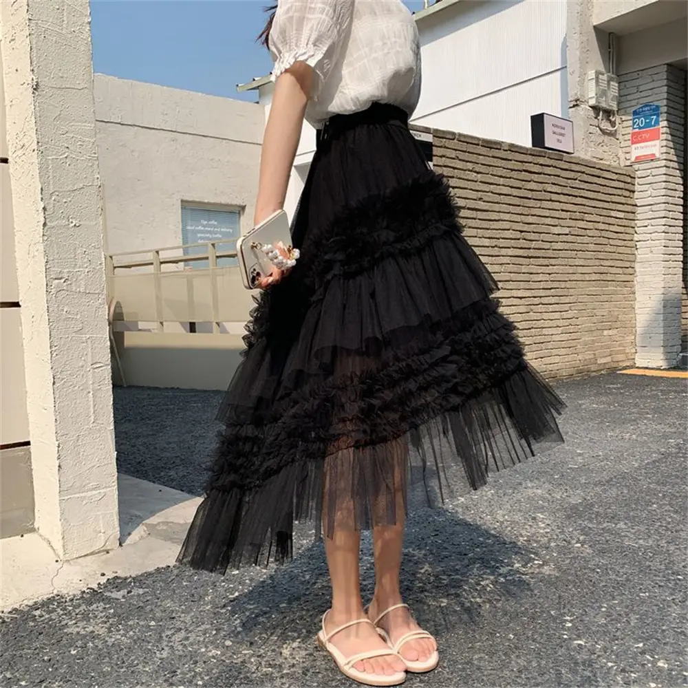 Lace Ruffled Mesh Skirt Sweet Ladies Ball Gown Tulle Skirt
