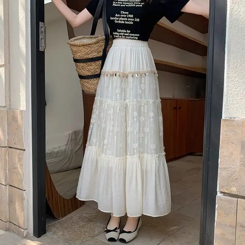 Apricot Lace Bohemian Style Tiered Maxi Skirt